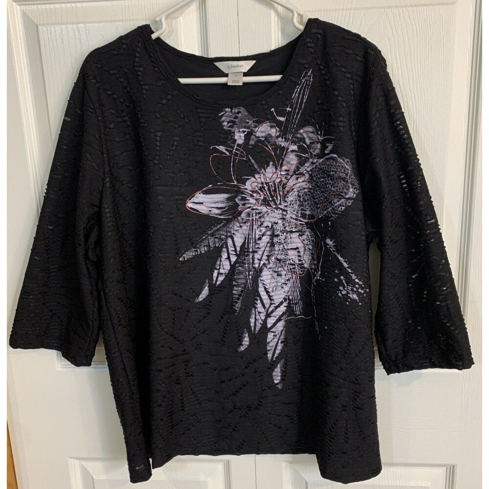 Cj Banks Blouse T Shirt Womens Plus 1X Floral Black Dark Goth Preppy Grunge